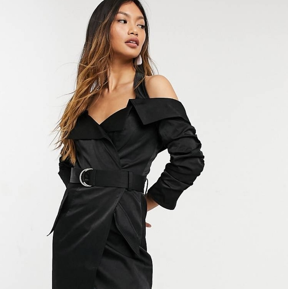 ASOS Dresses & Skirts - asos design black halter tux dress with ruched sleeve and belt detail size 12